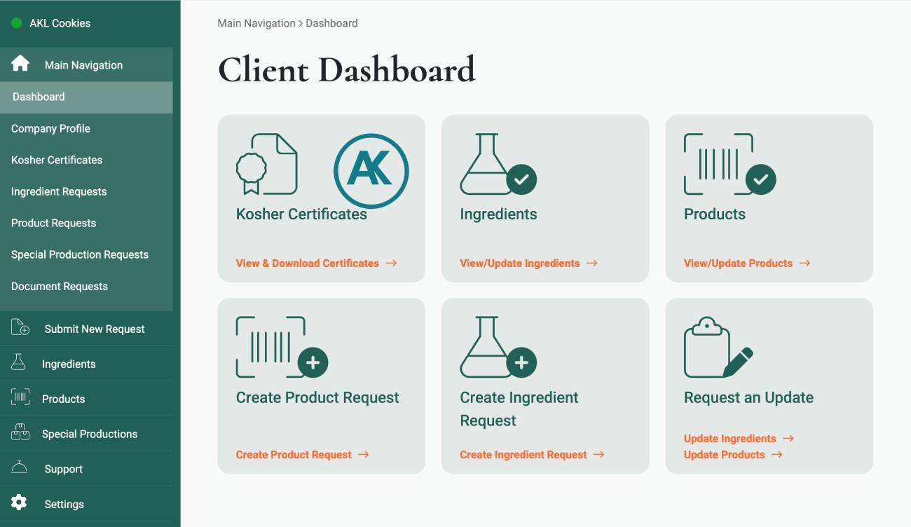 Access Kosher client dashboard