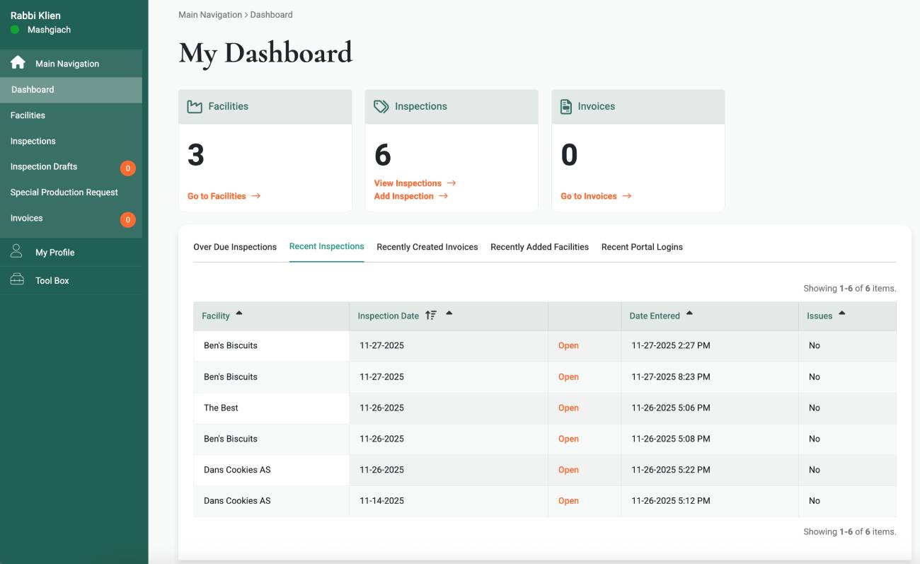 Access Kosher mashgiach dashboard